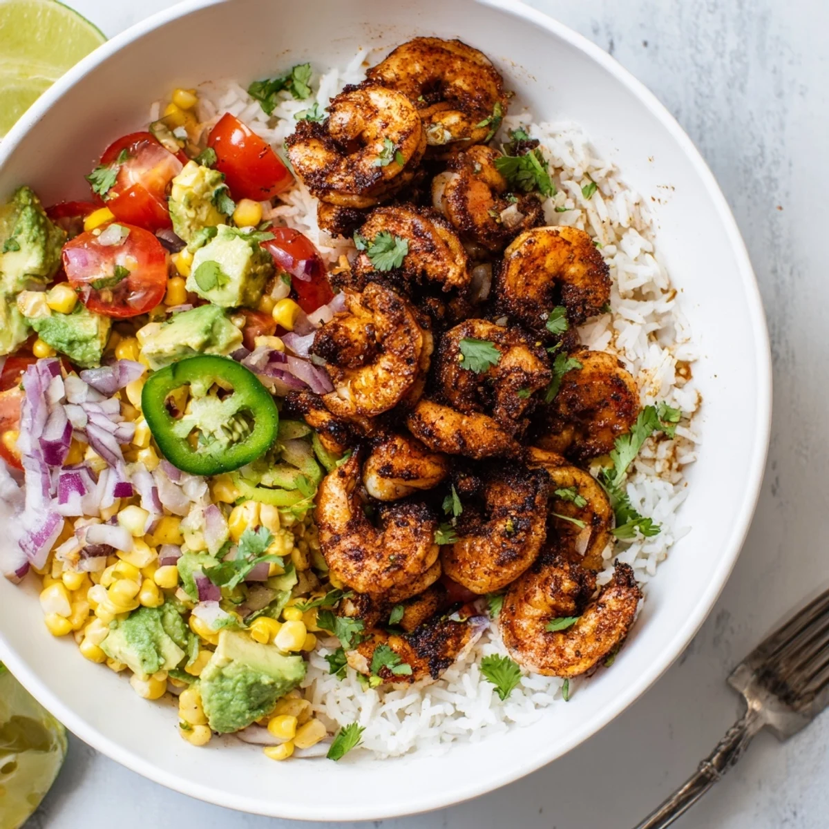 Juicy grilled shrimp bowl topped with creamy avocado corn salsa and zesty lime.