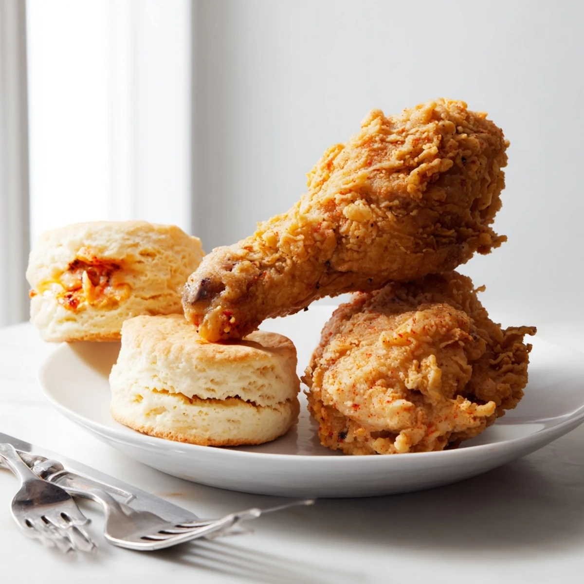 Crispy Southern Fried Chicken with Buttermilk Biscuits, a perfect comfort food feast.  