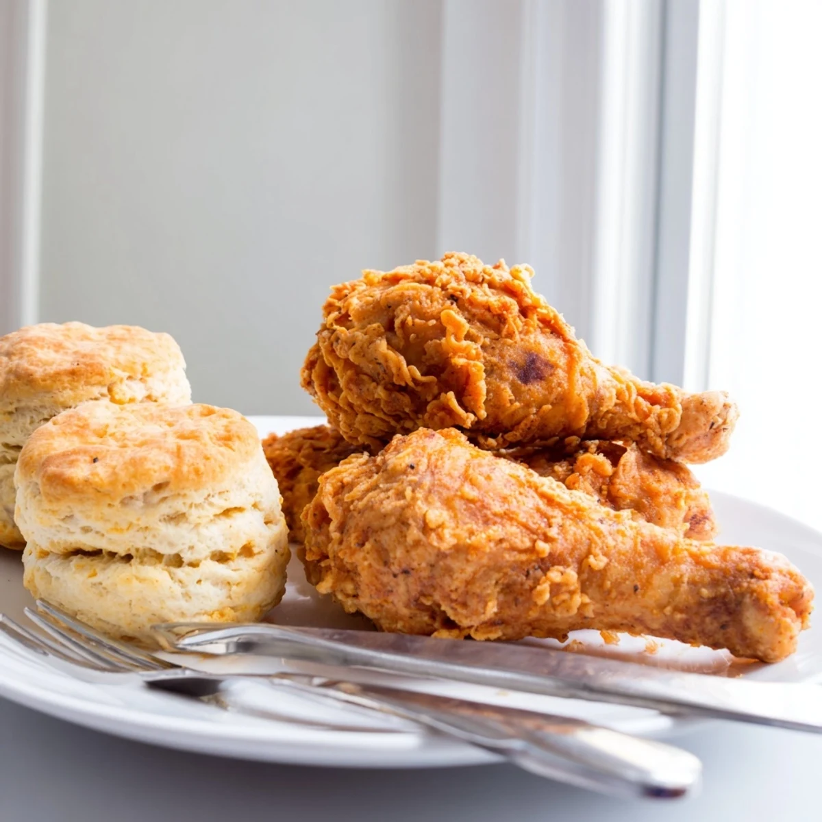 Juicy Southern Fried Chicken served with buttery, warm buttermilk biscuits for a hearty meal.