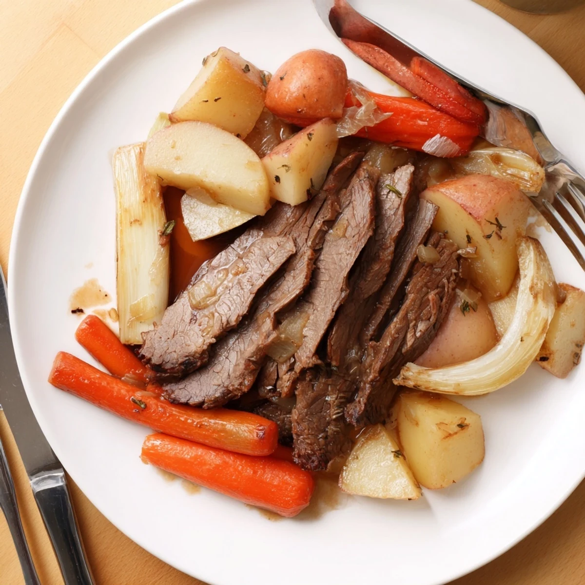 Succulent Sunday pot roast garnished with hearty roasted veggies, perfect for family feasts.  