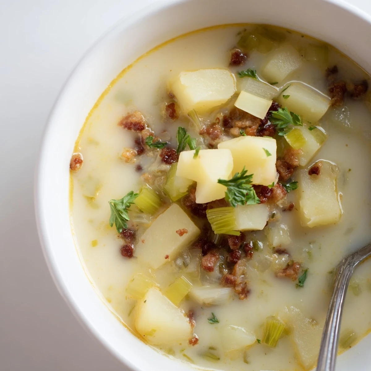 Hearty Potato, Leek & Chorizo soup bubbling in a pot, rich and inviting.  