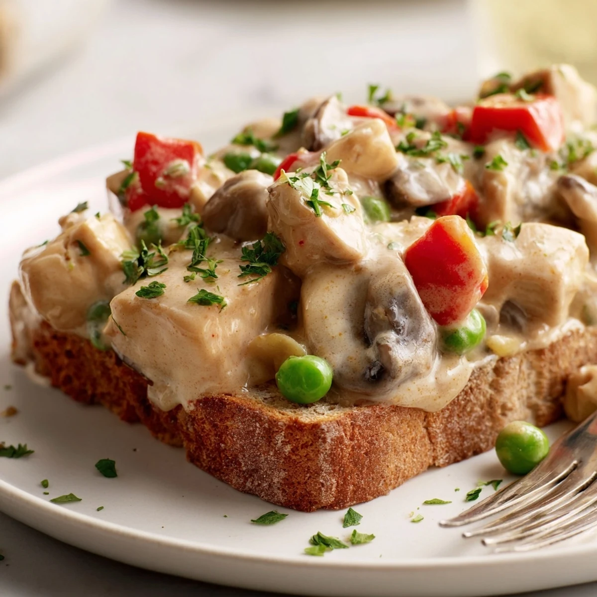 Creamy Chicken à la King poured over crispy buttered toast for comfort and flavor.  