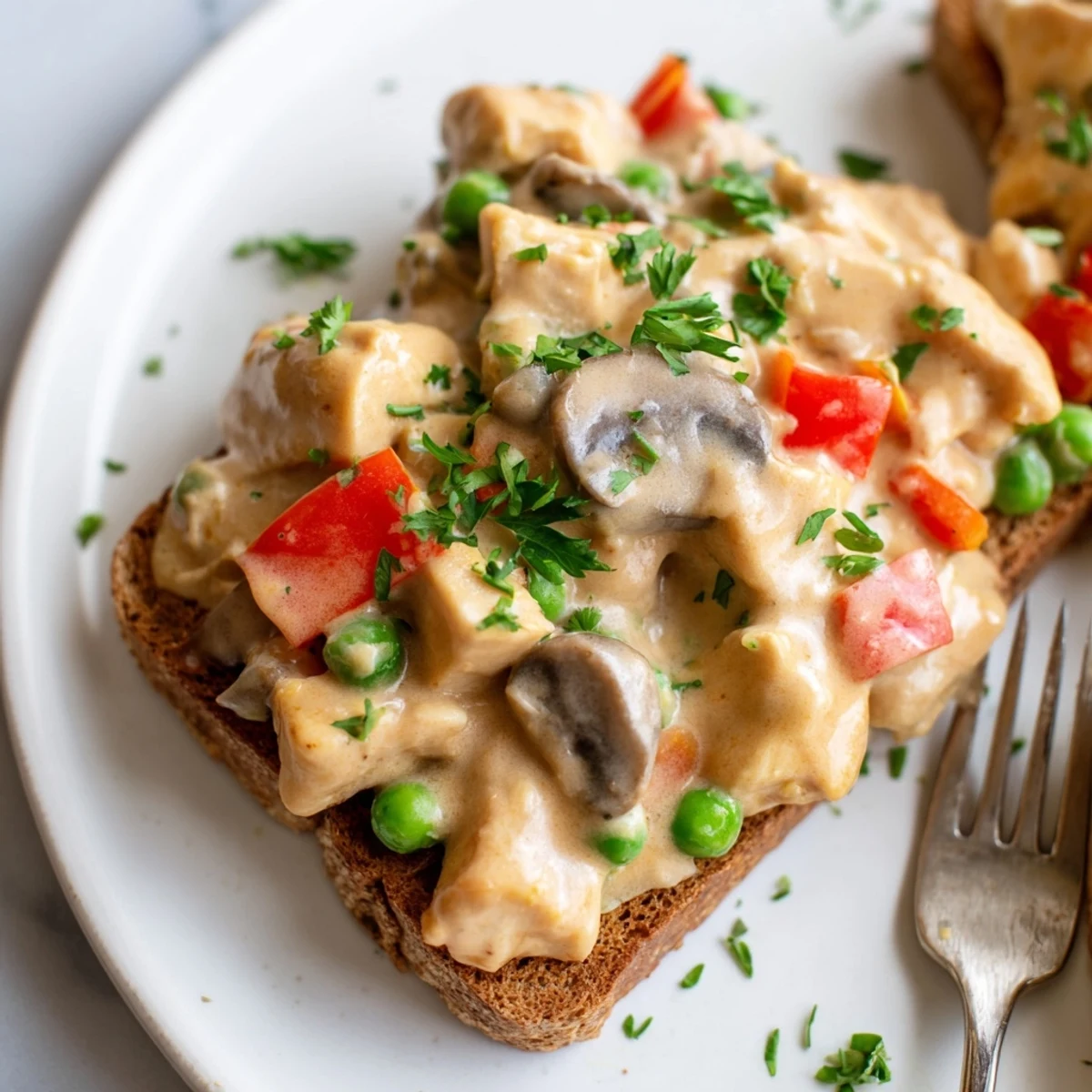 Homemade Chicken à la King featuring tender chicken and vibrant vegetables on toast.  