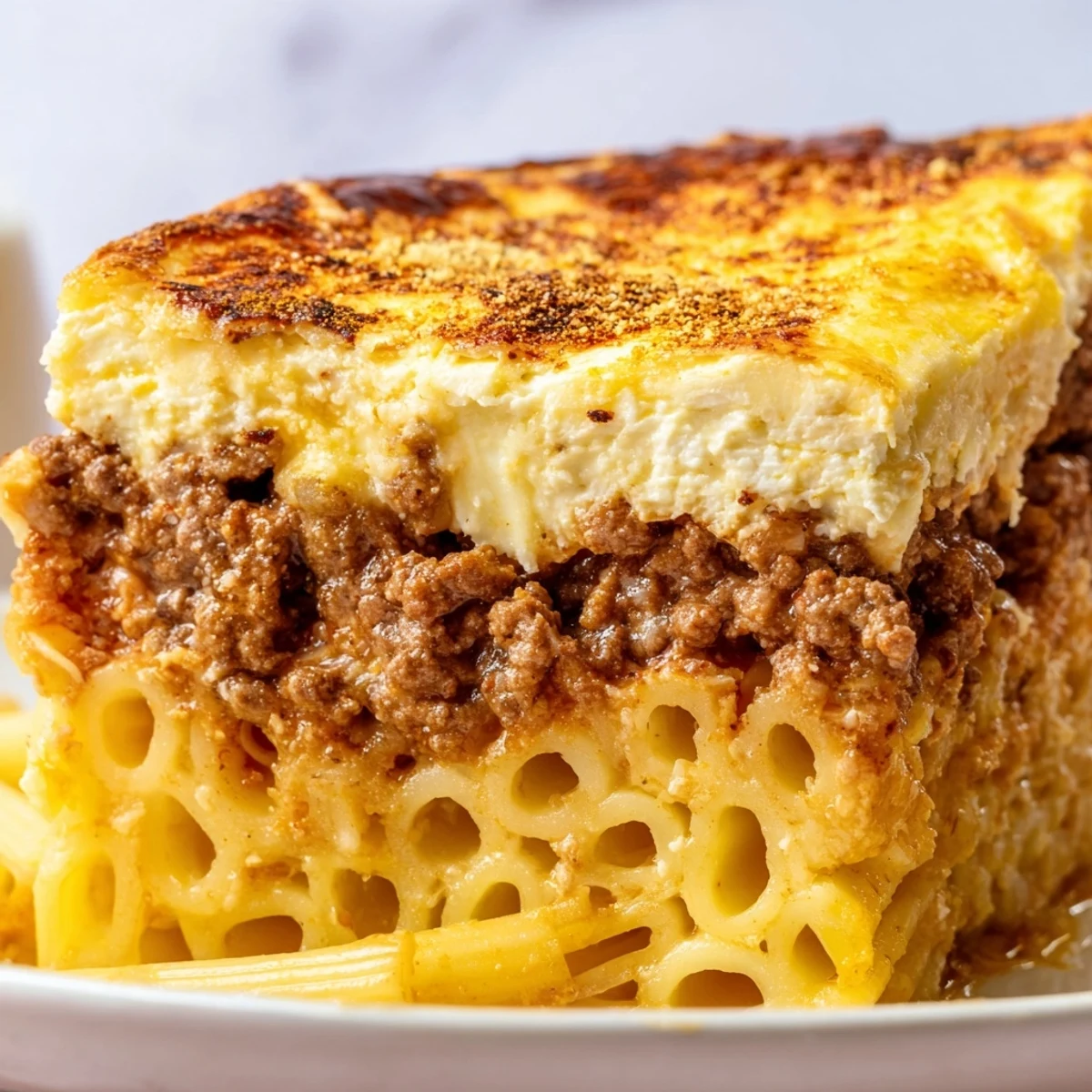 A delicious Greek pastitsio casserole with layers of pasta and savory beef sauce.  