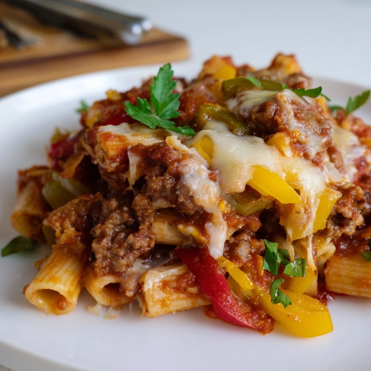 Baked Rigatoni with Sausage & Peppers topped with melted cheese and fresh basil.  