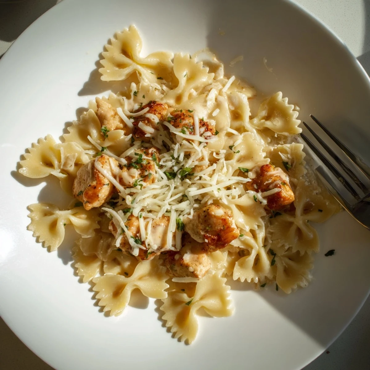 Deliciously comforting Mozzarella Garlic Butter Chicken Bowties served with fresh parsley garnish.  