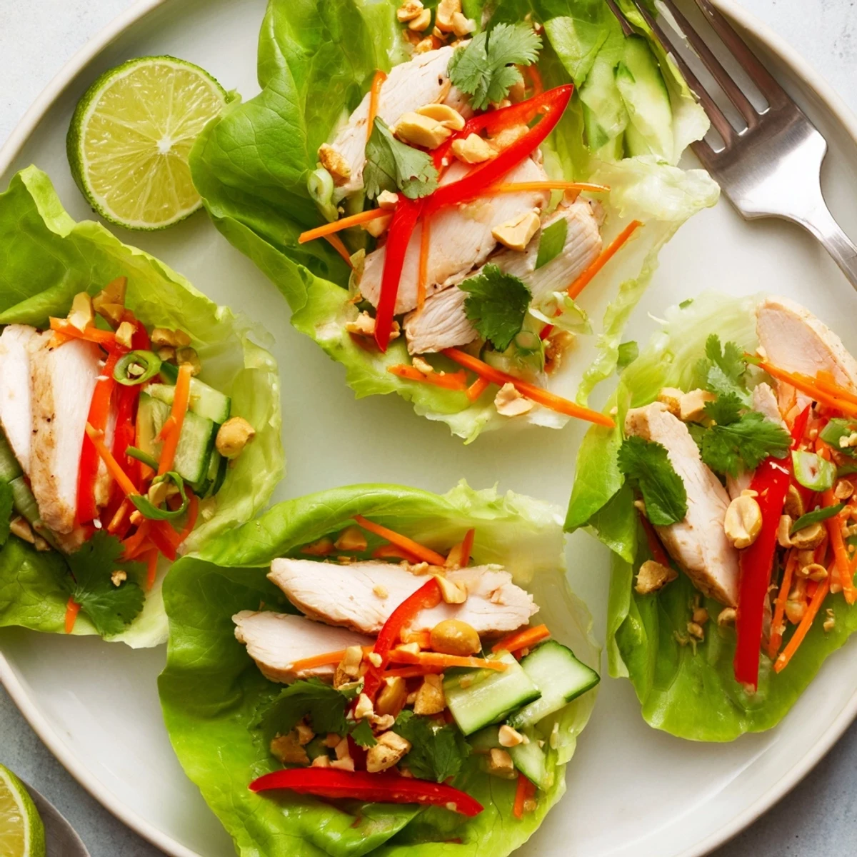 Tender Coconut Lime Chicken Lettuce Wraps filled with fresh veggies and zesty toppings.  