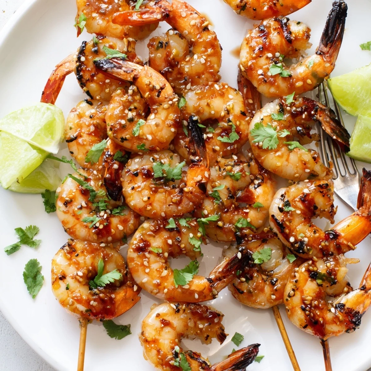 Juicy Honey BBQ Sriracha shrimp skewers glistening with a sweet and spicy glaze.  
