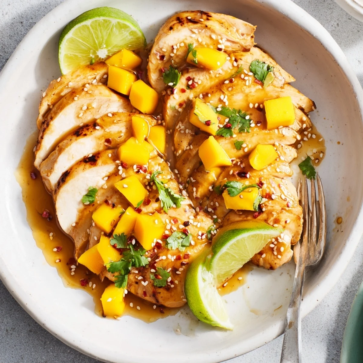 Juicy Sweet & Spicy Mango Chicken served with cilantro and lime for a fresh finish.  