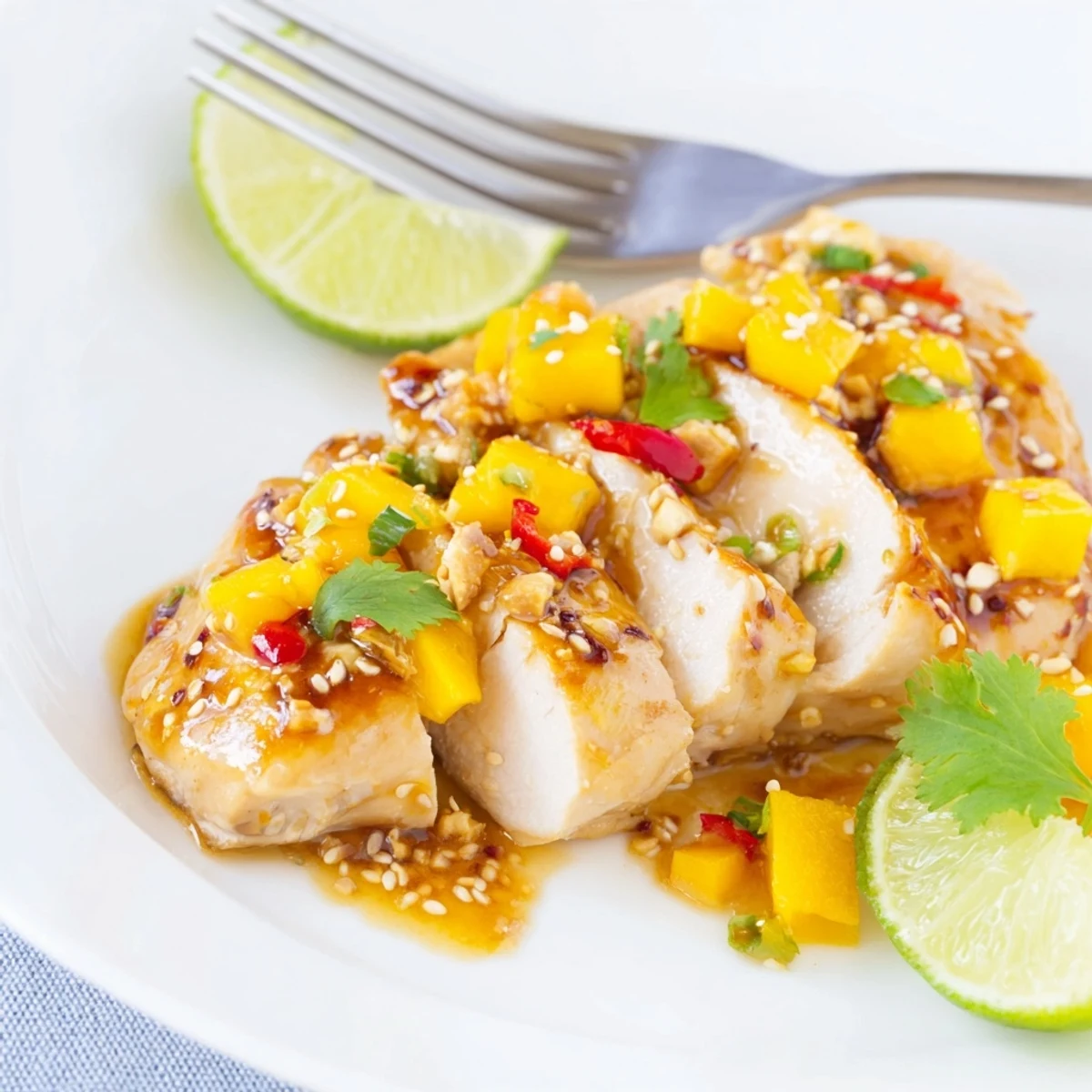 Tender Sweet & Spicy Mango Chicken garnished with sesame seeds, ideal over jasmine rice.