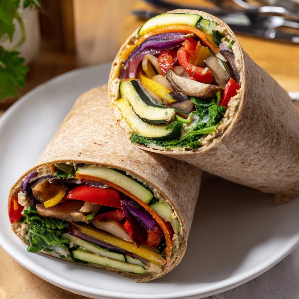 Colorful roasted veggie and hummus wraps, perfect for a healthy lunch option.  