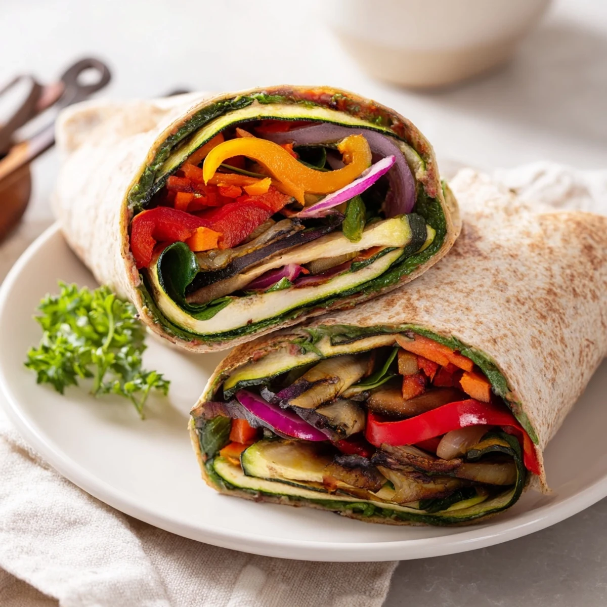 Delicious roasted veggie and hummus wraps served fresh with vibrant greens.