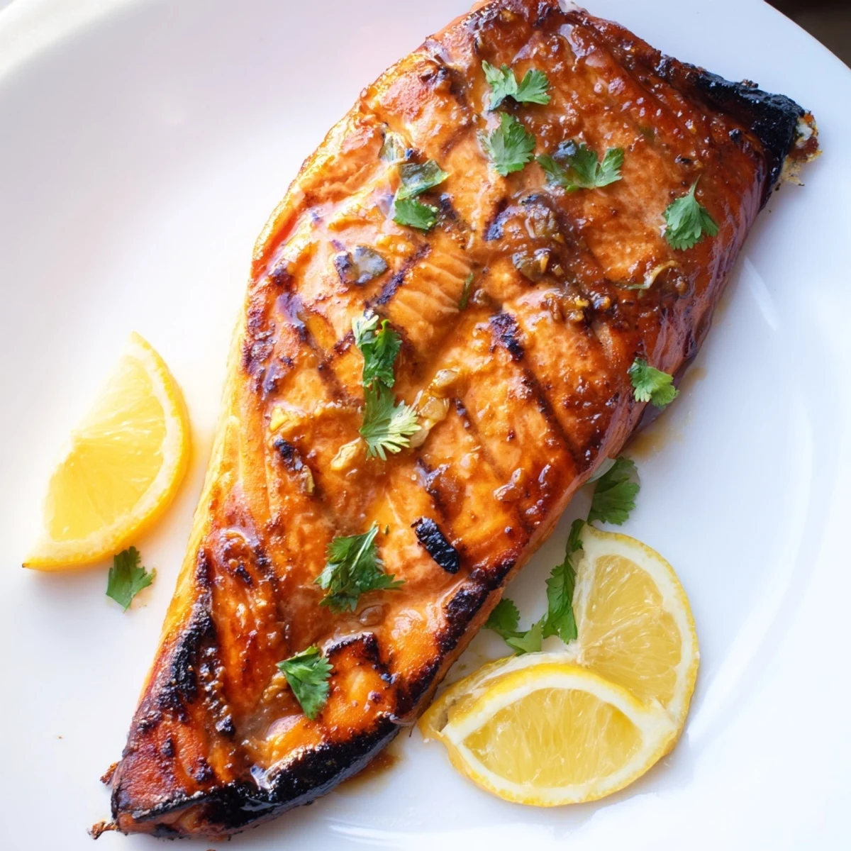 Flavorful salmon fillet, marinated and grilled, served with fresh herbs and vibrant lemon.