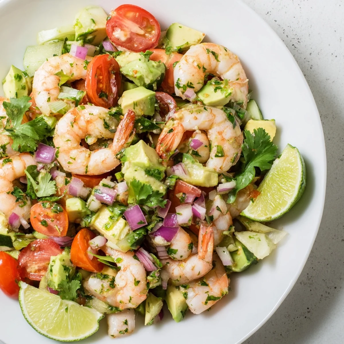 Vibrant avocado lime shrimp salad served on a bed of crisp romaine.  