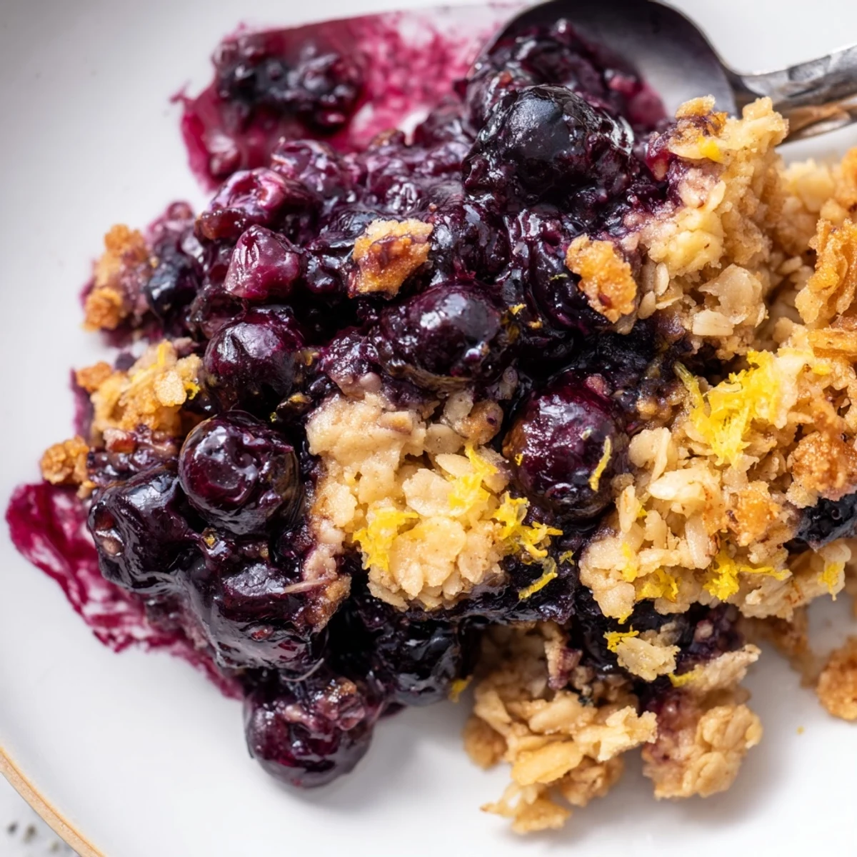 Freshly baked blueberry & lemon crisp, golden crumble atop bubbling berry filling.  