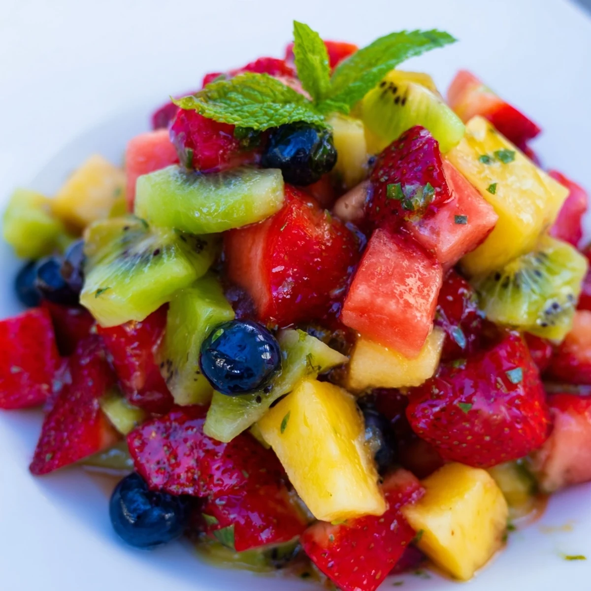 Cool and zesty Maple Mojito Fruit Salad garnished with whole mint leaves for a summer treat.
