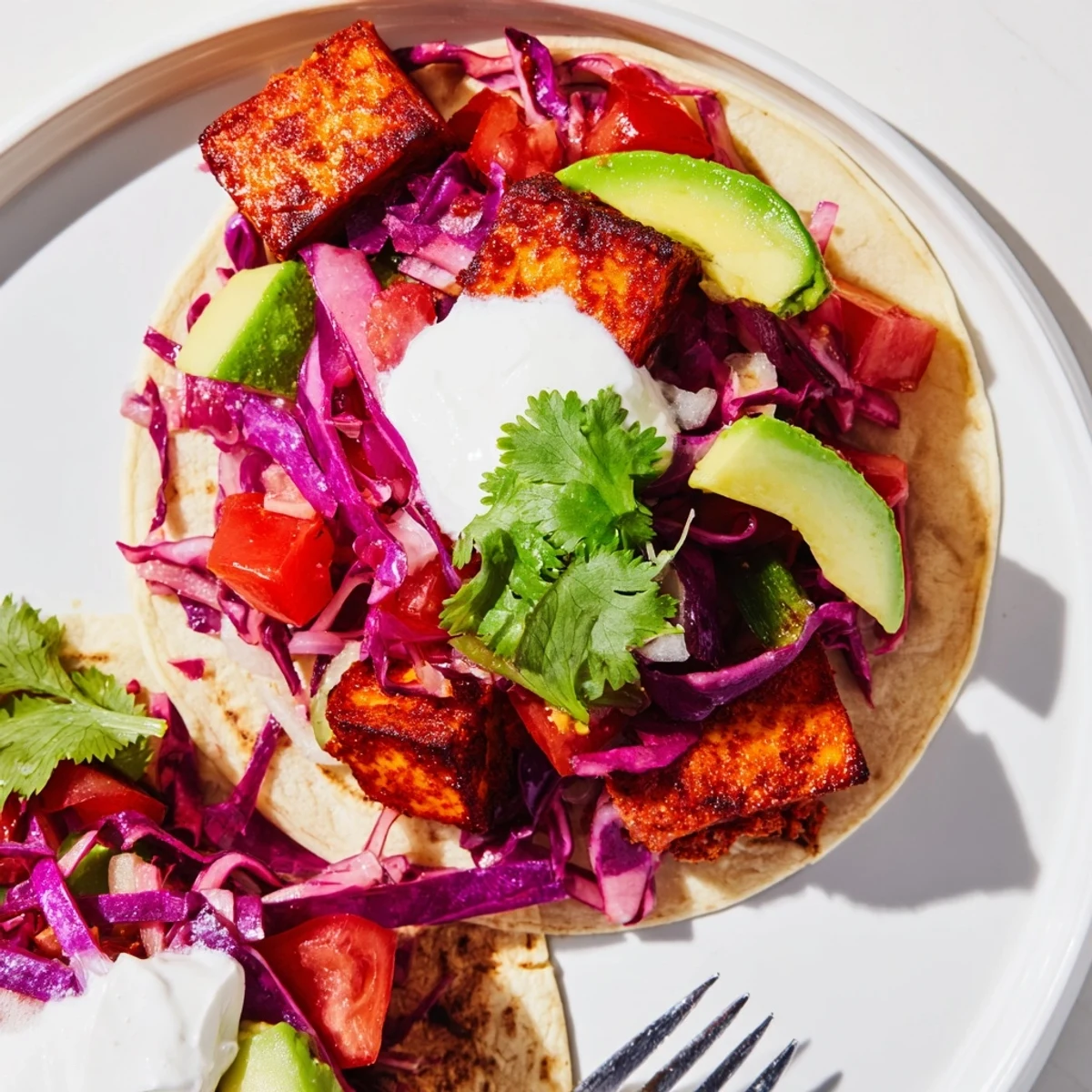 Crispy cilantro lime seared tofu tacos topped with fresh veggies and zesty lime.