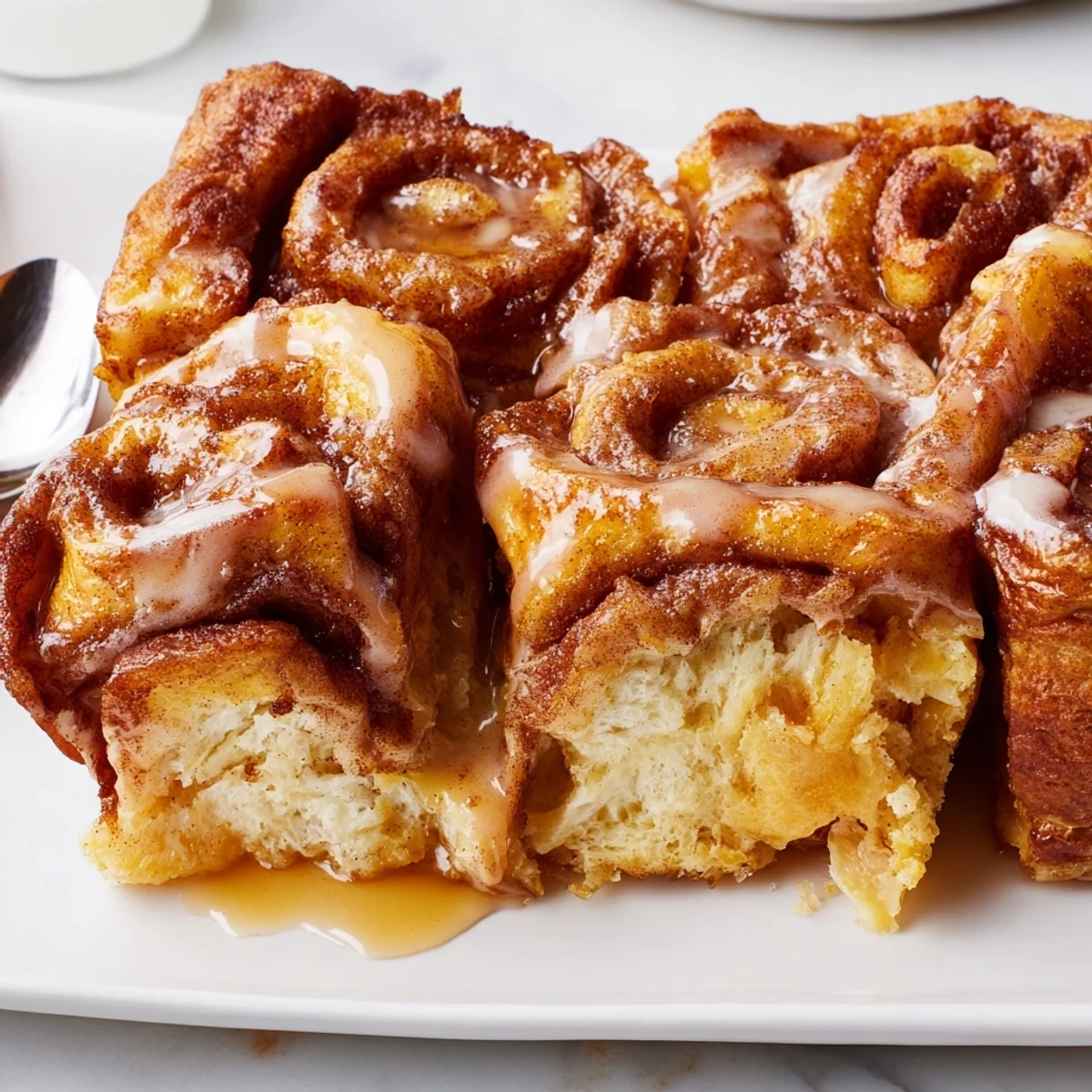 Decadent Cinnamon Roll French Toast Bake drizzled with creamy icing and warm spices.  