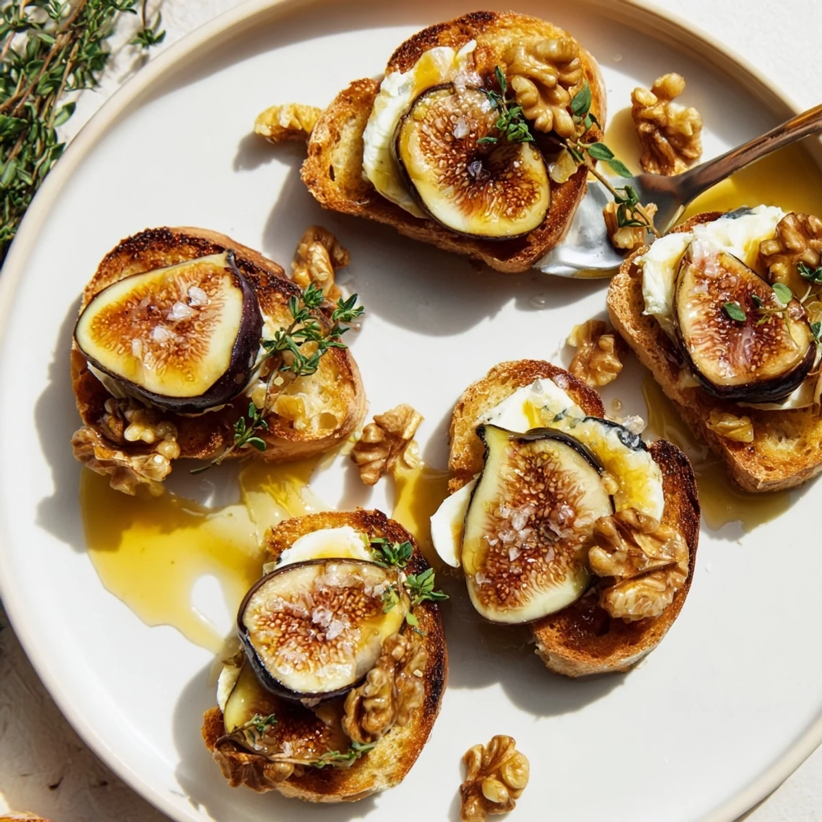 Creamy Fig & Walnut Brie Crostini topped with honey and thyme, perfect for entertaining.  