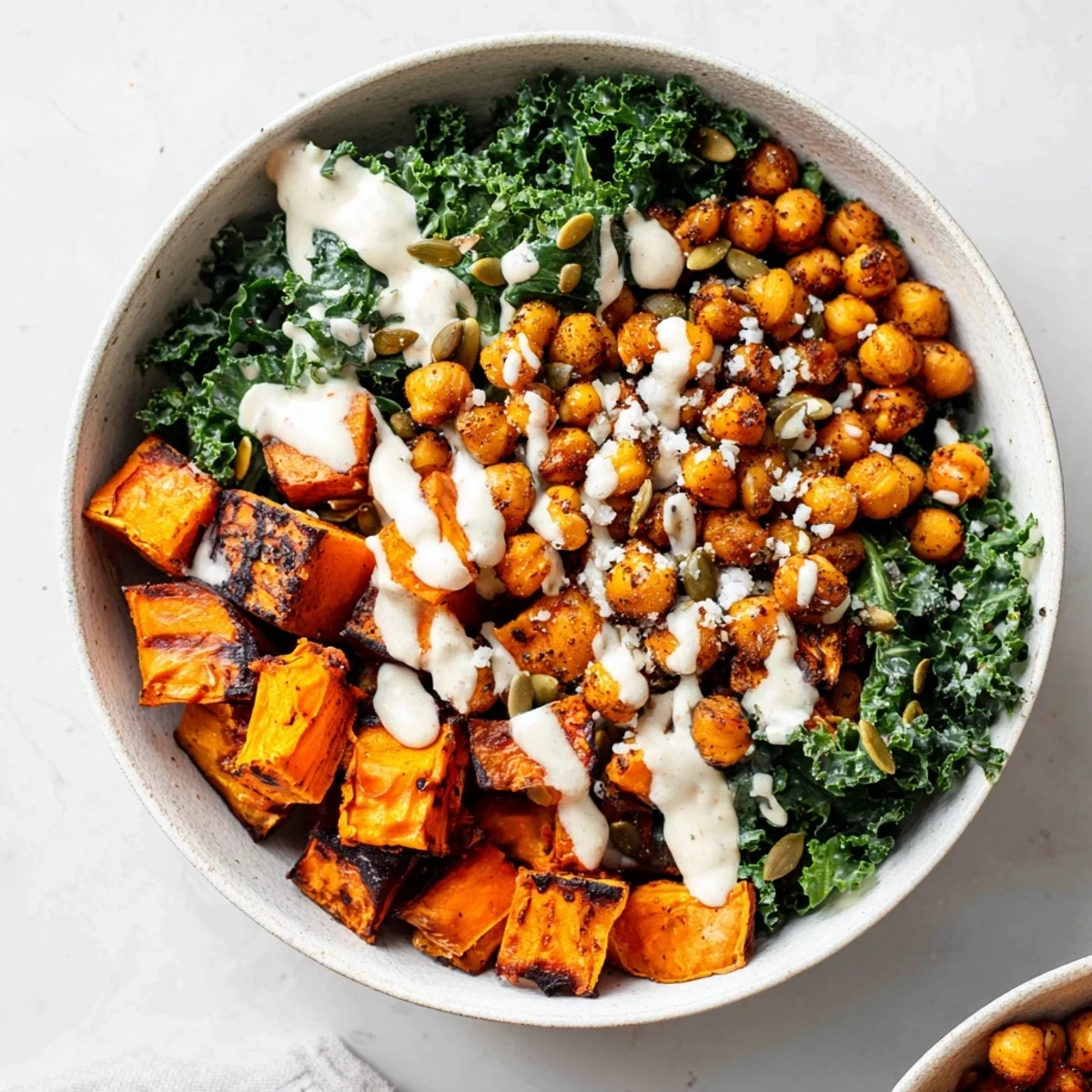 A colorful Roasted Sweet Potato & Kale Bowl topped with crispy chickpeas and tahini dressing.  