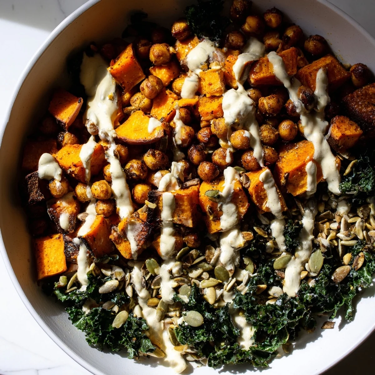 Wholesome Roasted Sweet Potato & Kale Bowl drizzled with zesty tahini and topped with seeds.