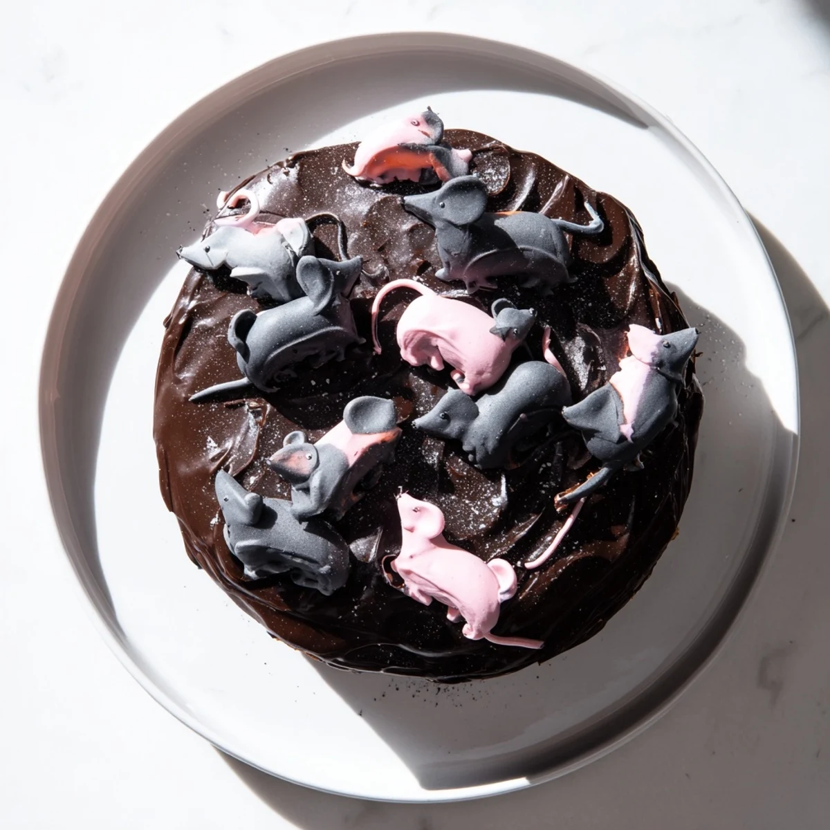 Moist Rat Cake with whipped chocolate ganache, adorned with playful marzipan rat decorations.