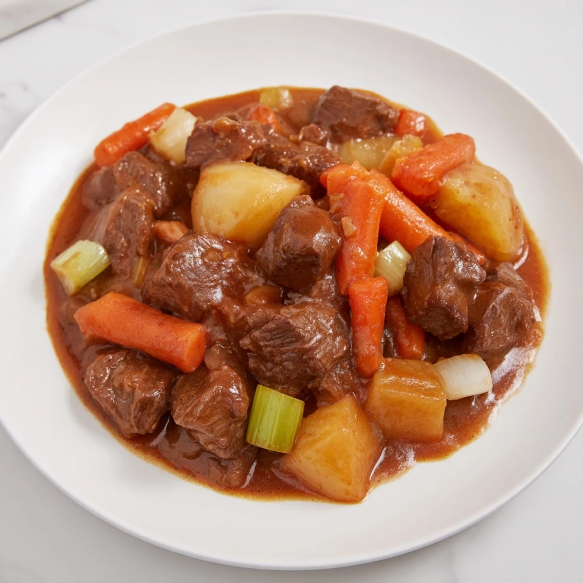 Close-up of savory Crockpot Beef Stew with chunks of beef and vibrant vegetables, ready to serve.