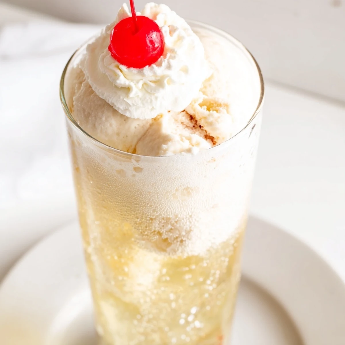 A tall glass overflows with a bubbly Homemade Cream Soda Float, topped with creamy vanilla ice cream.