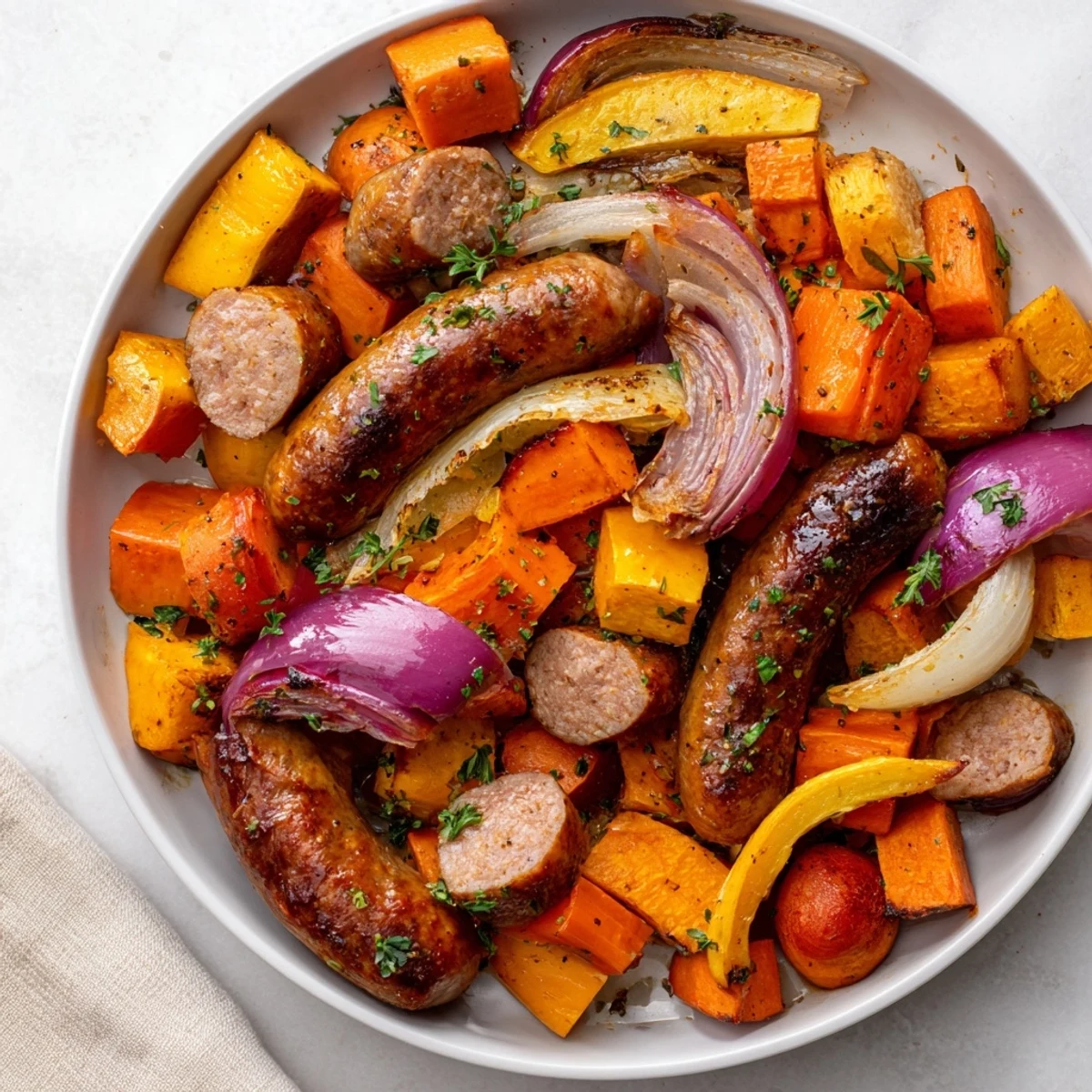 Golden-brown sheet pan roasted sausage, squash, & vegetables, mingling with tender roasted autumn flavors and herbs.