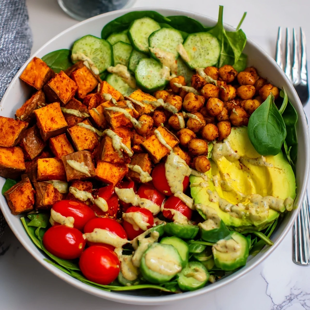 A colorful Sweet Potato & Chickpea Buddha Bowl topped with creamy tahini dressing.  