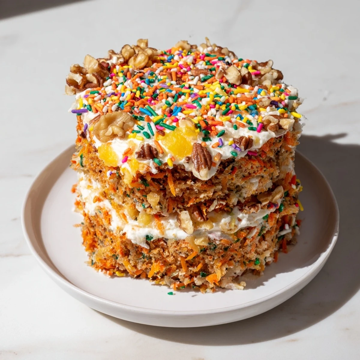 A slice of Silly Carrot Cake with whimsical cream cheese frosting, ready to be enjoyed.