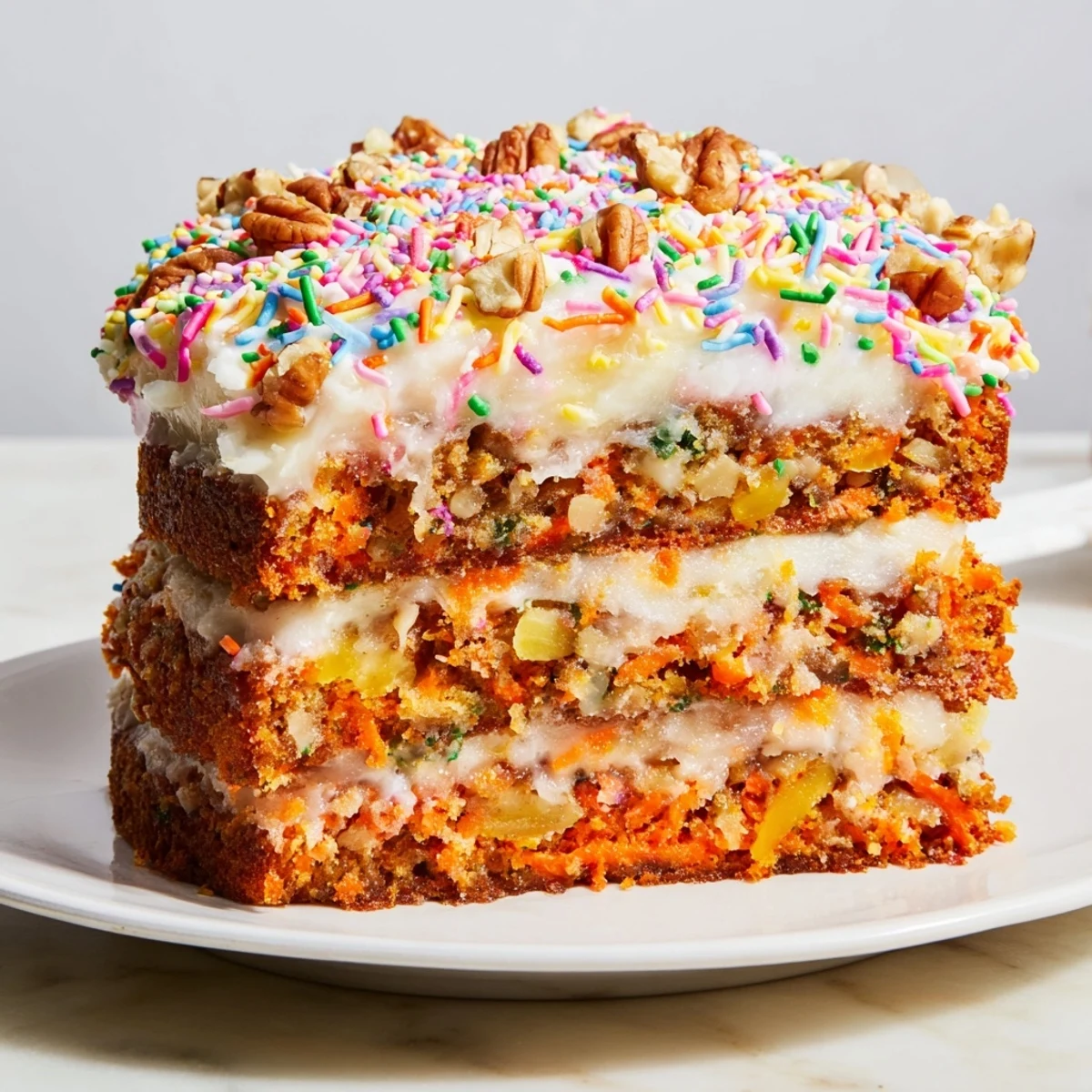 This close-up shows the delicious texture of the Silly Carrot Cake, frosted with chaotic, colorful sprinkles.