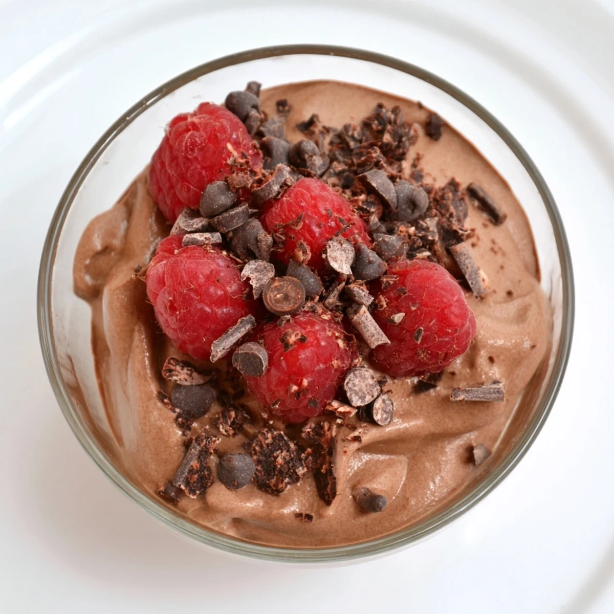 Smooth, rich No-Bake Cottage Cheese Chocolate Mousse, swirled with melted chocolate and fresh berries.