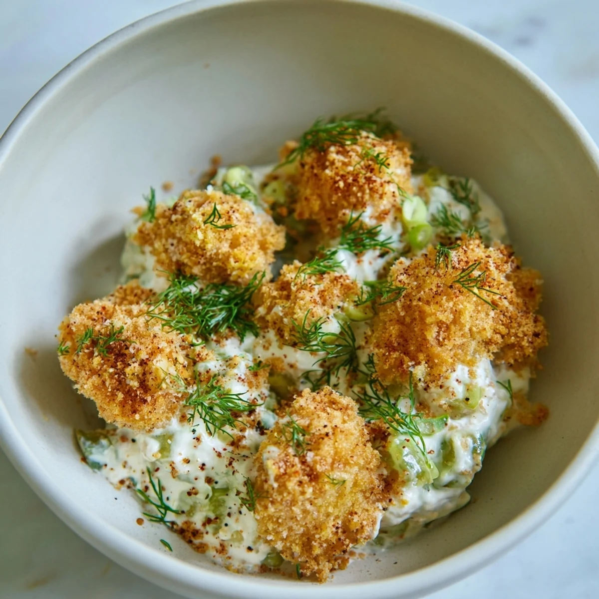 Creamy, tangy Fried Pickle Dip with crispy panko topping, ready to be served with crunchy chips.