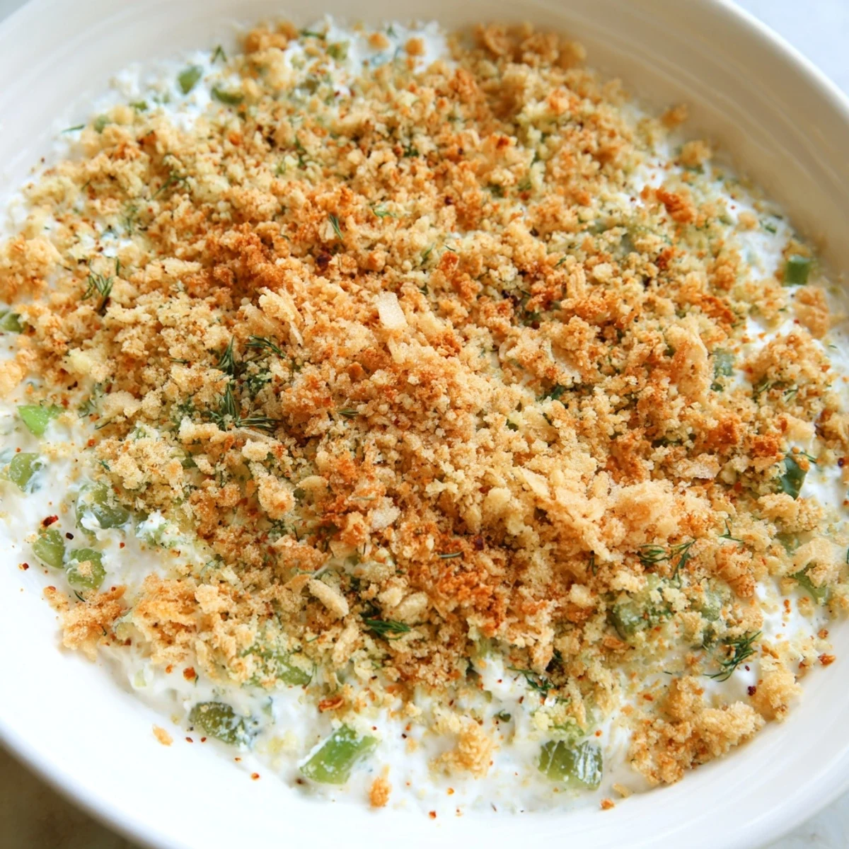 A close-up of golden brown Fried Pickle Dip with a crunchy topping and fresh dill garnish.