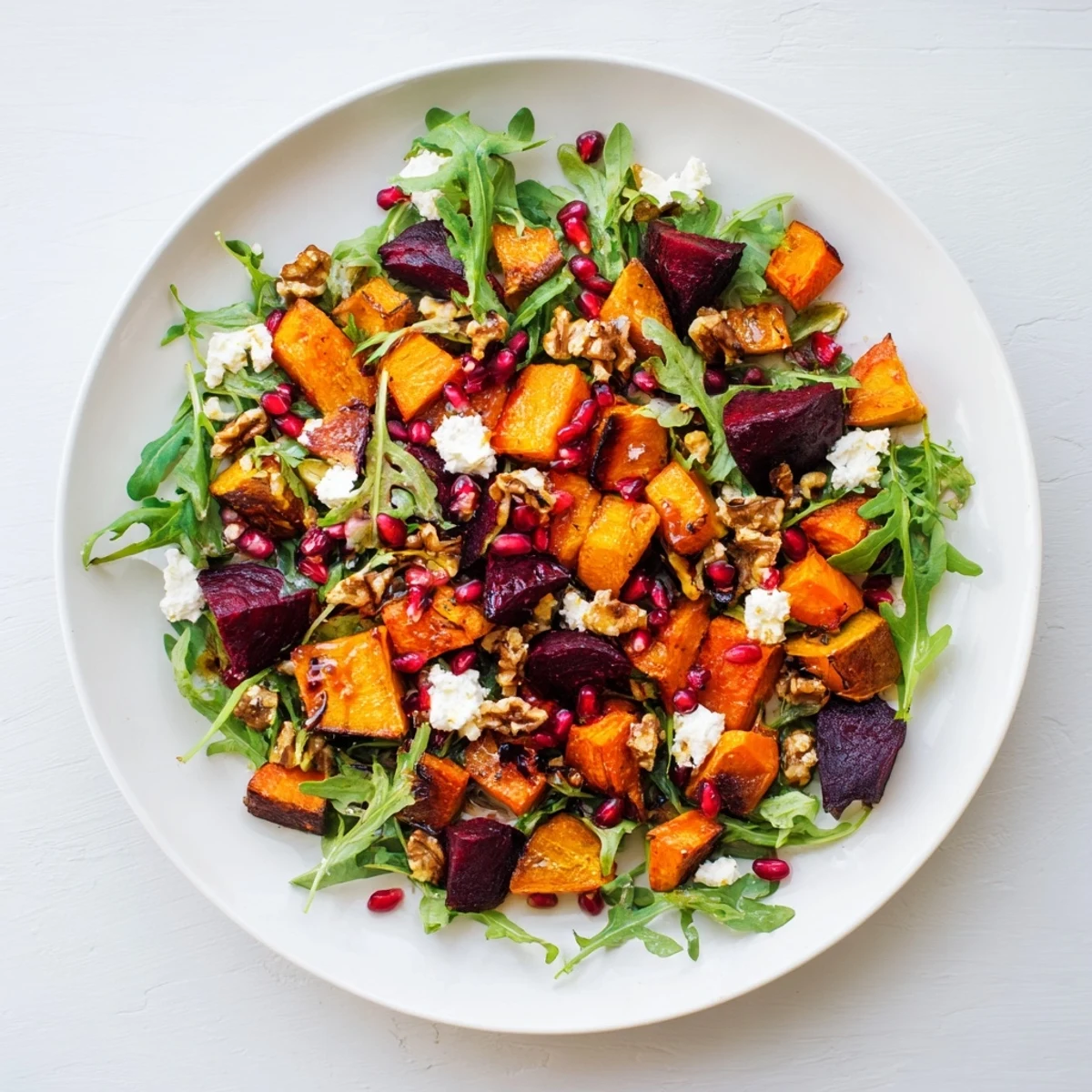 Roasted root vegetable and goat cheese salad with pomegranate, a colorful, hearty dish.