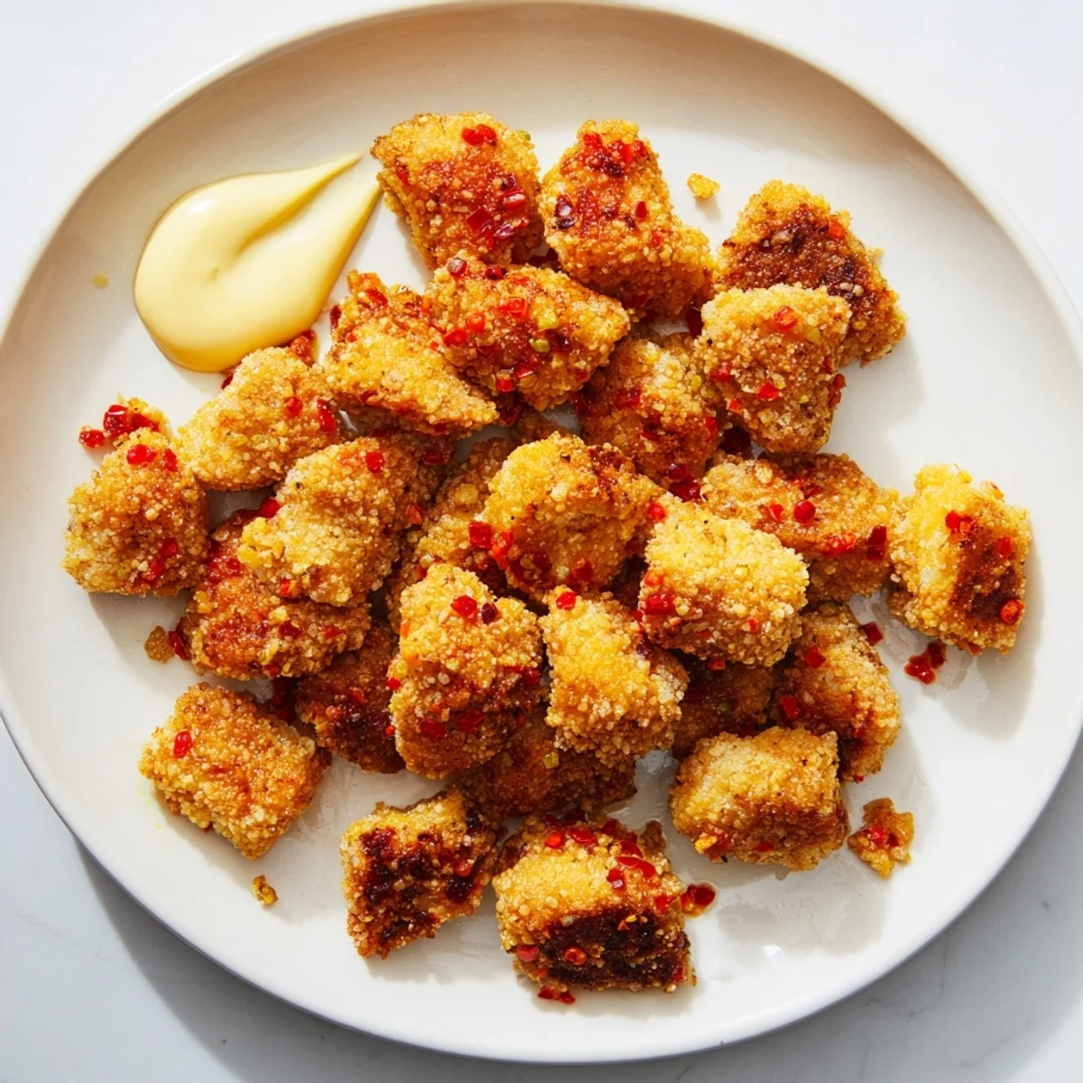 Golden-brown Bang Bang Chicken Bites, coated in sweet chili sauce, ready to be devoured with creamy mayo.