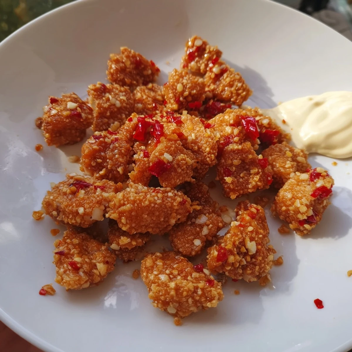 Close-up of crispy Bang Bang Chicken Bites with glistening glaze, next to a small bowl of sweet chili mayo.