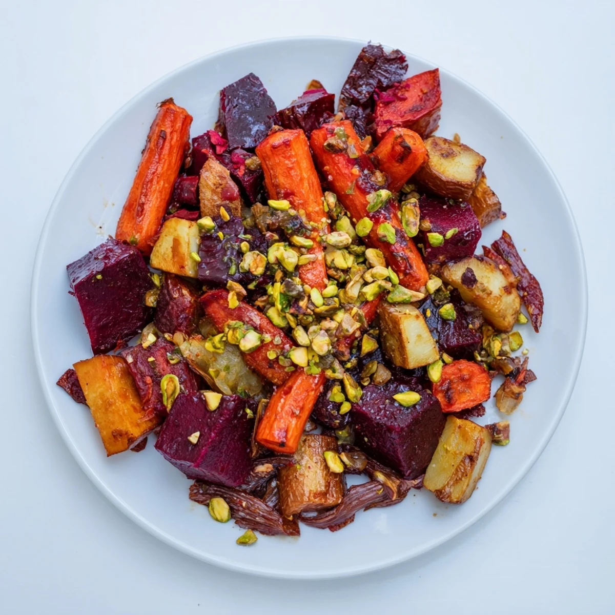 Roasted Balsamic Glazed Root Vegetables, glistening with glaze and sprinkled with crunchy pistachios.