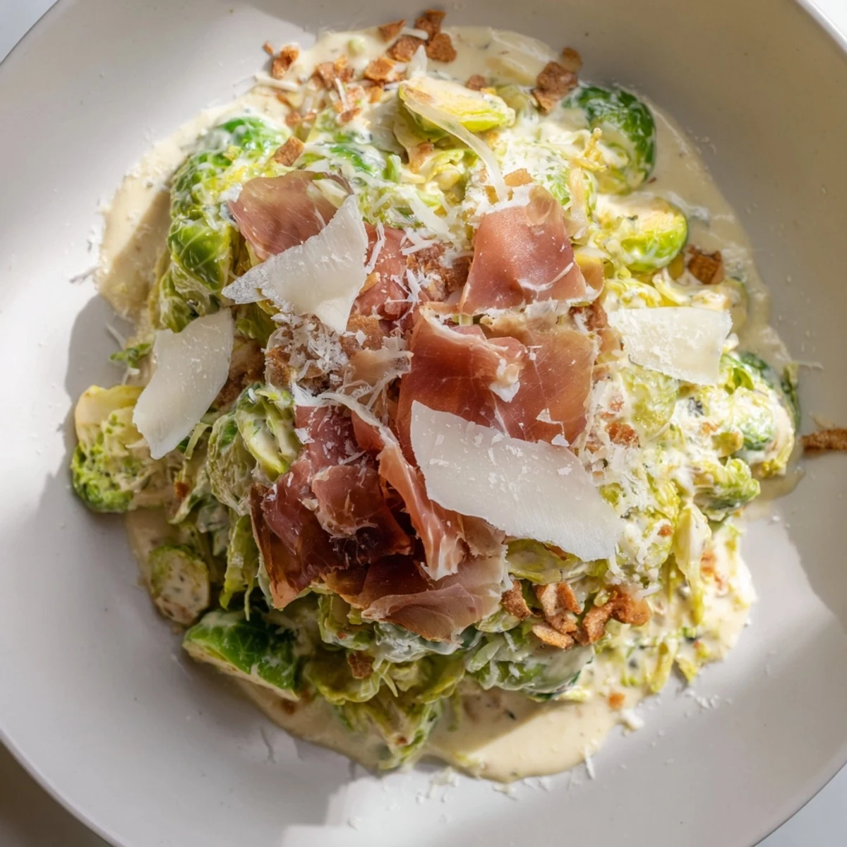 Close-up of a Warm Brussels Sprouts Caesar salad with crispy prosciutto, perfect side dish.