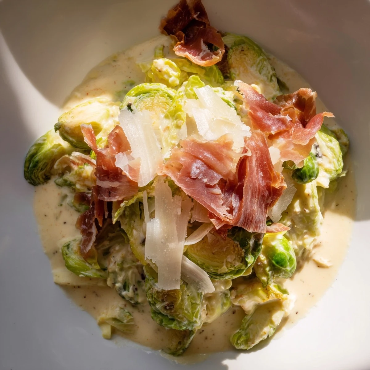 Golden-brown sautéed Brussels sprouts in a flavorful Warm Brussels Sprouts Caesar, a delicious meal.