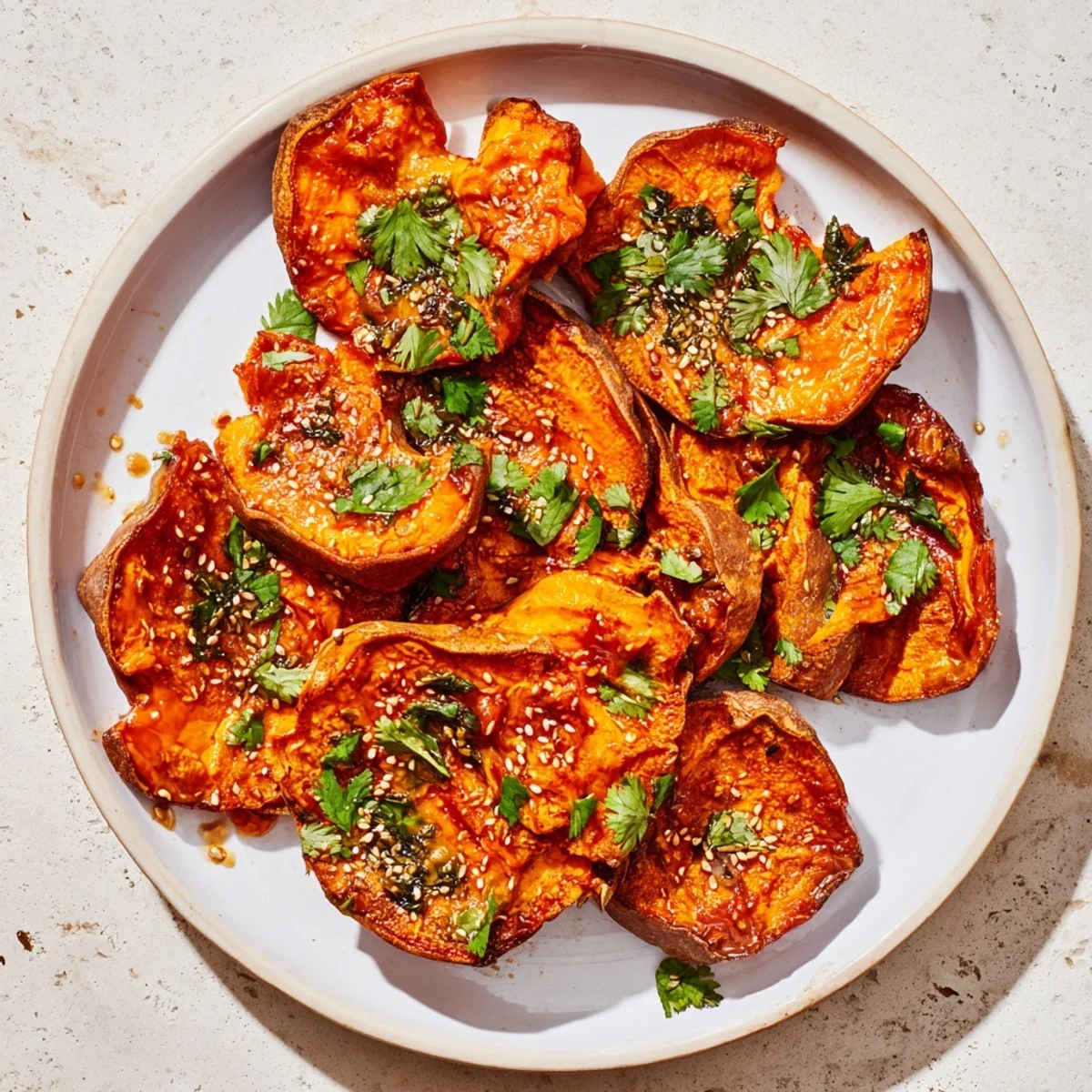 Golden-brown Smashed Sweet Potatoes with Gochujang Honey Butter, ready for serving with fresh cilantro.