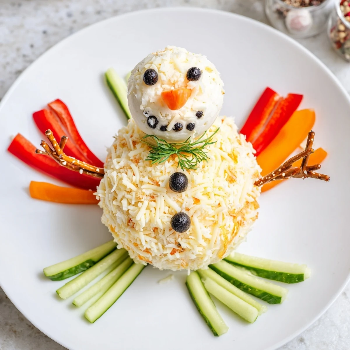 A platter of festive Savory Herb Cheeseball Snowmen alongside colorful, crunchy vegetable dippers.