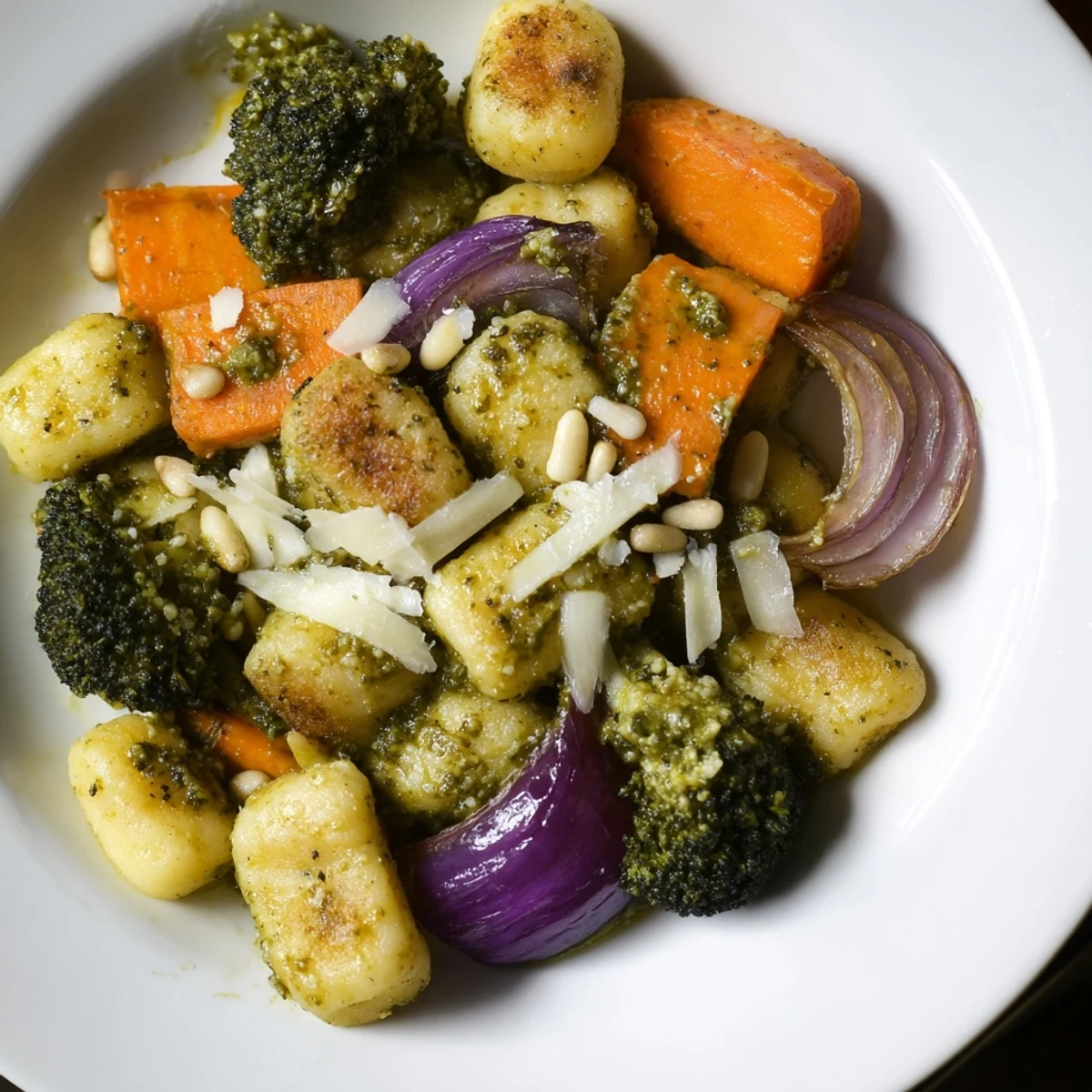 Vibrant photo of baked sheet pan pesto gnocchi, tossed with Parmesan and pine nuts, ready to eat.