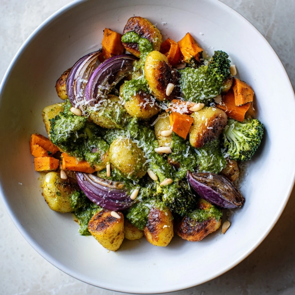 Golden sheet pan pesto gnocchi with roasted winter veggies; a vegetarian, flavorful family dinner.