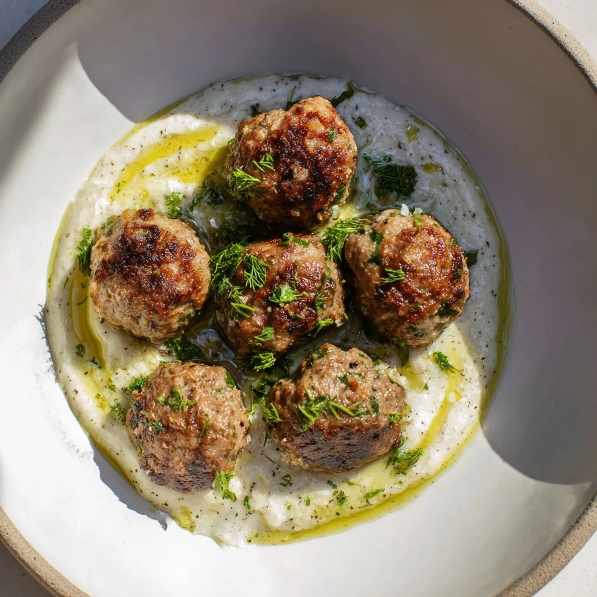 Forkful of juicy Garlic Herb Lamb Meatballs, coated in zaatar yogurt, with herbs and lemon.