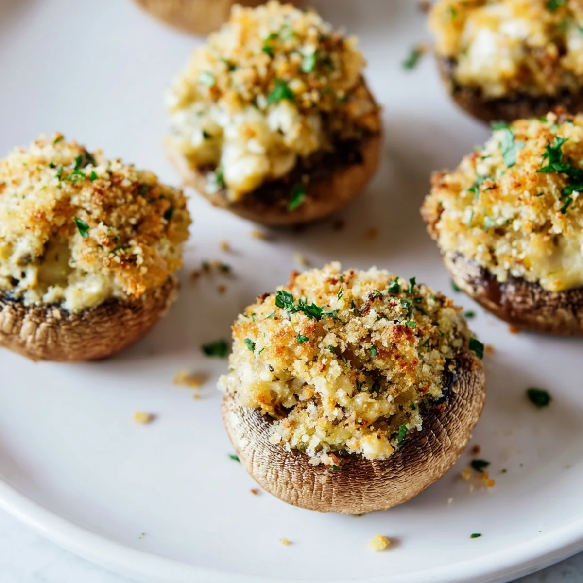 Air Fryer Holiday Stuffed Mushrooms with golden-brown, crispy tops, perfect for your holiday appetizer table.