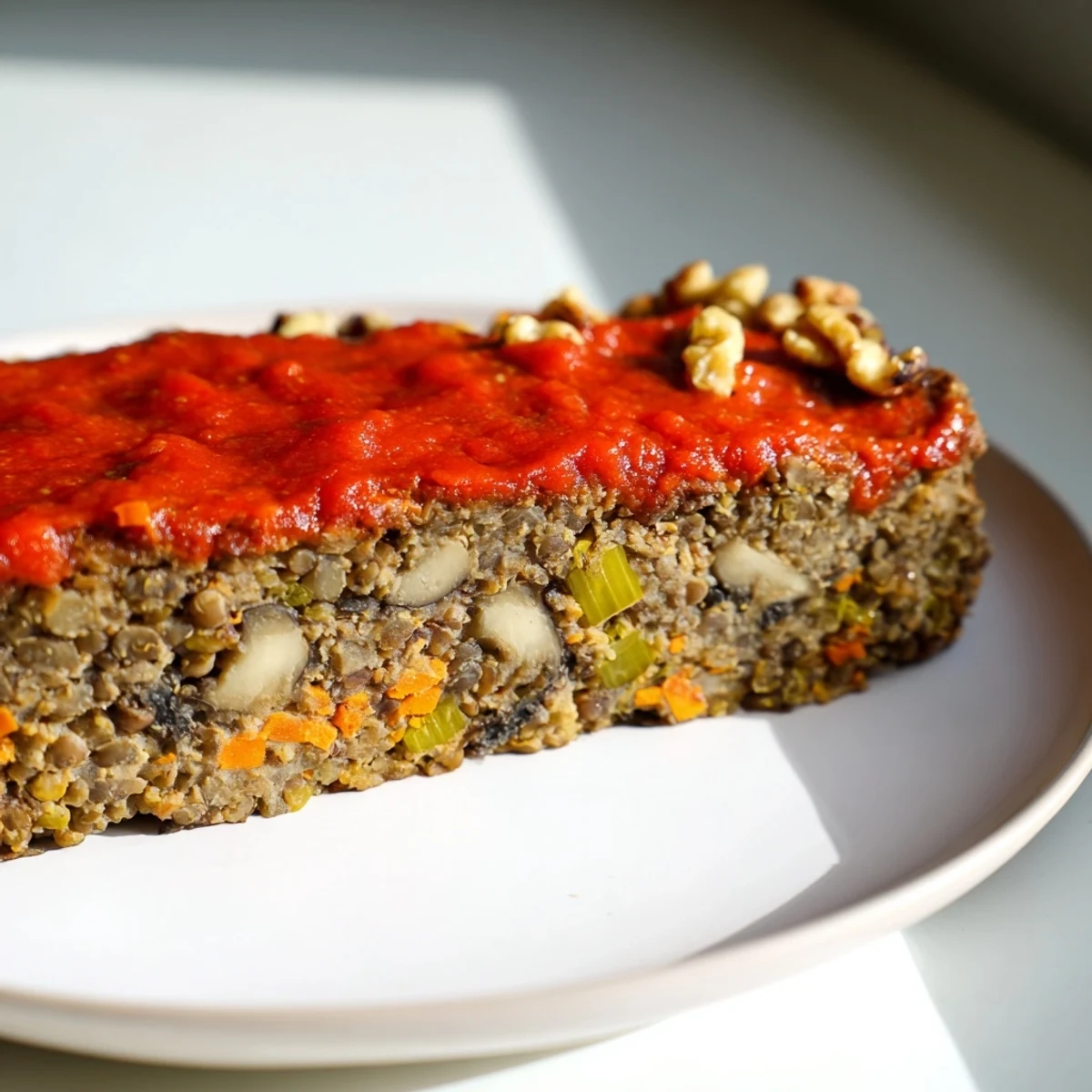 A warmly spiced Festive Lentil Loaf with red pepper glaze glistening on top, ready to serve.