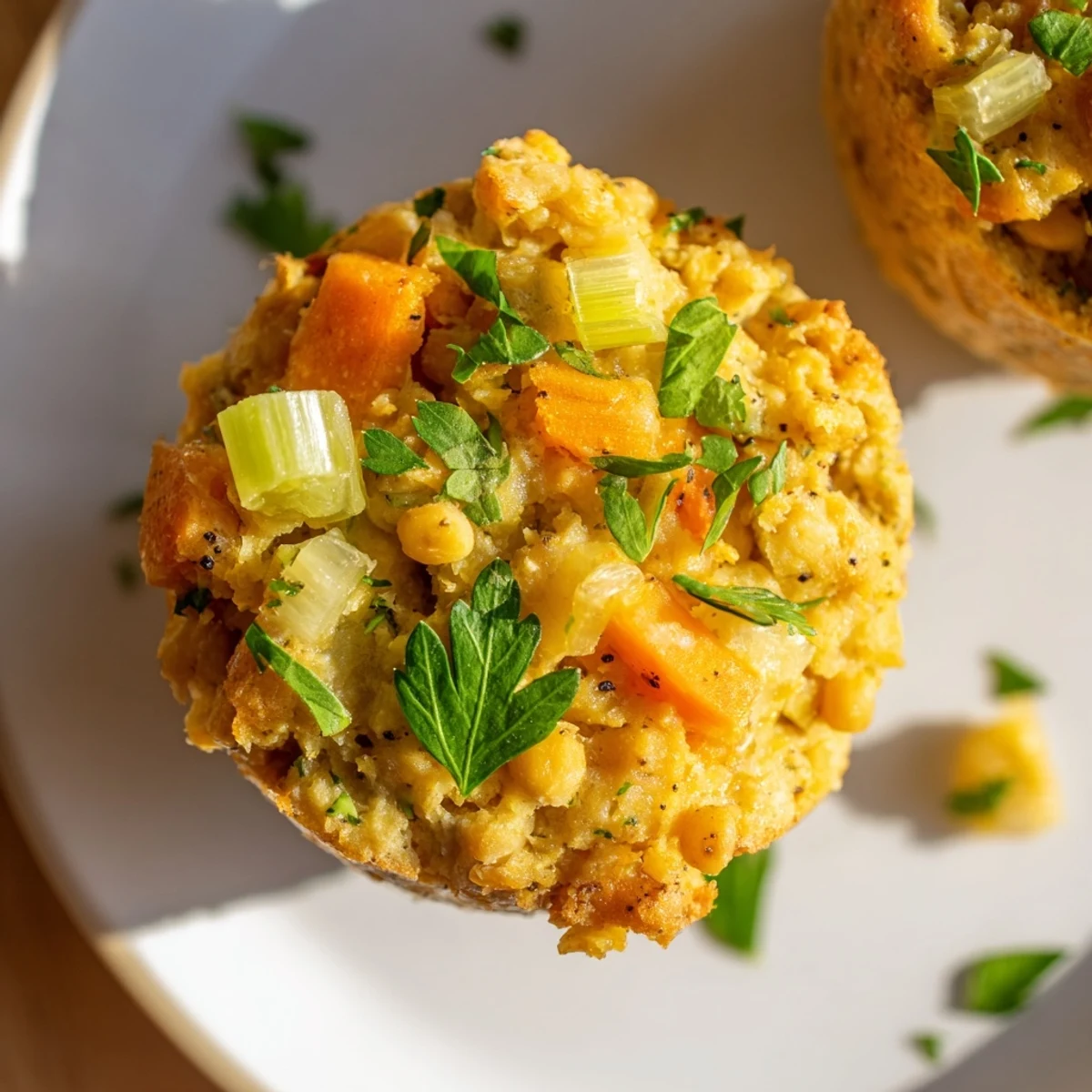 Delicious, warm Vegan Chickpea Stuffing Muffins with a slightly crisp top, ready to serve and enjoy.