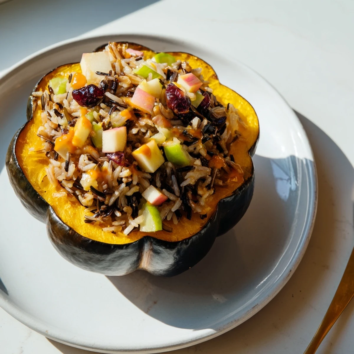 A close-up of stuffed acorn squash, showcasing the vibrant colors and savory appeal of the recipe.
